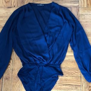 Elegant royal blue bodysuit blouse